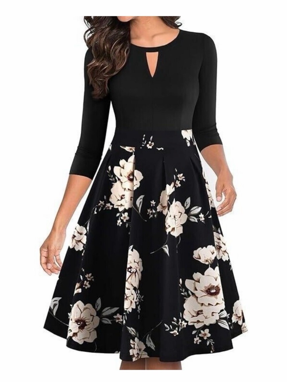Black Floral Midi Dress with Keyhole Neckline